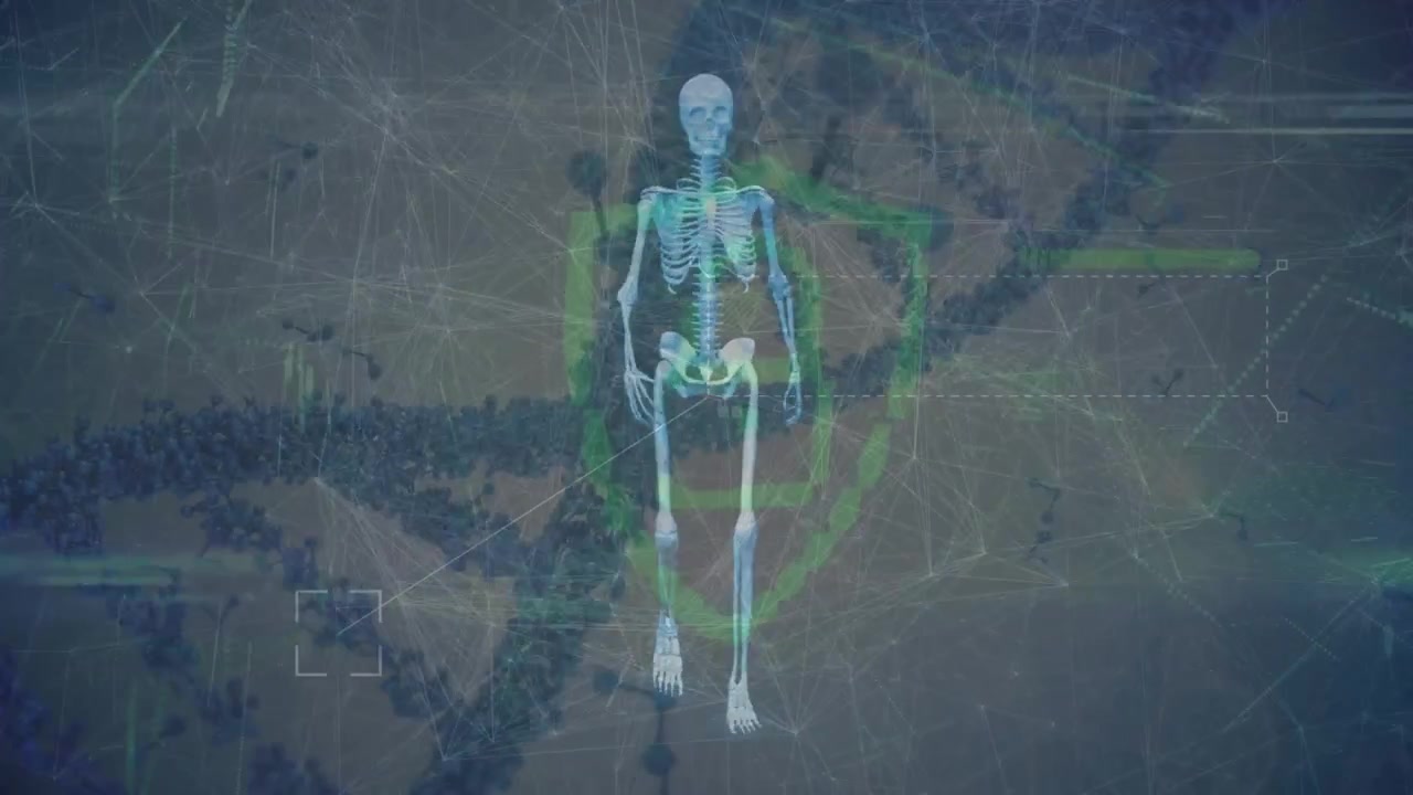 Animação de fita de DNA e humano digital sobre processamento de dados e ícone de cadeado em fundo branco.