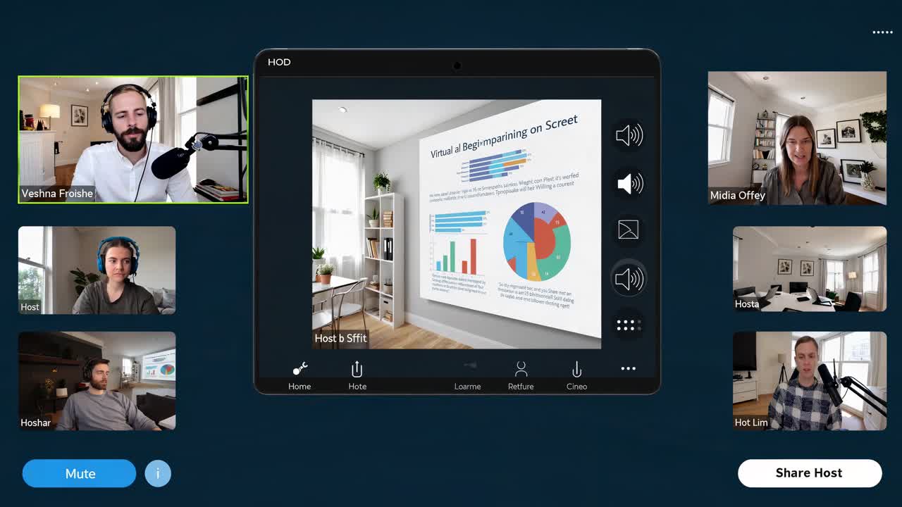 A video conference call interface showing multiple participants