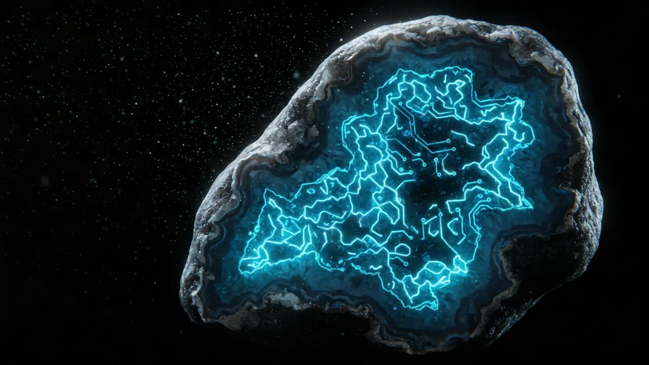 Futuristic Rock Formation with Circuitry: A Glowing Blue Core Embedded in a Cosmic Background Representing Advanced Technology and Nature's Beauty