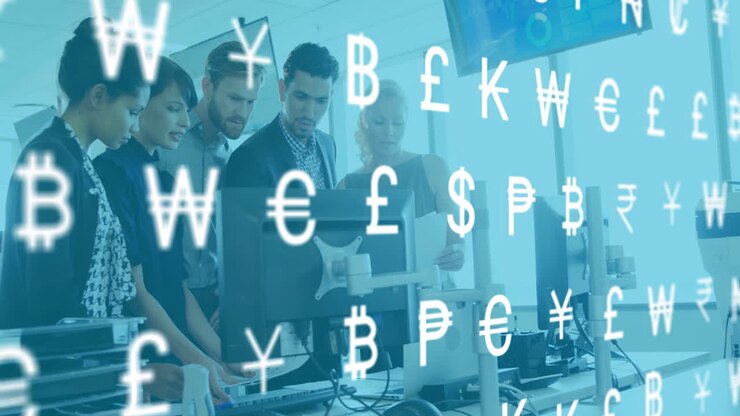 Analyzing data on computers, diverse team with animation of currency symbols