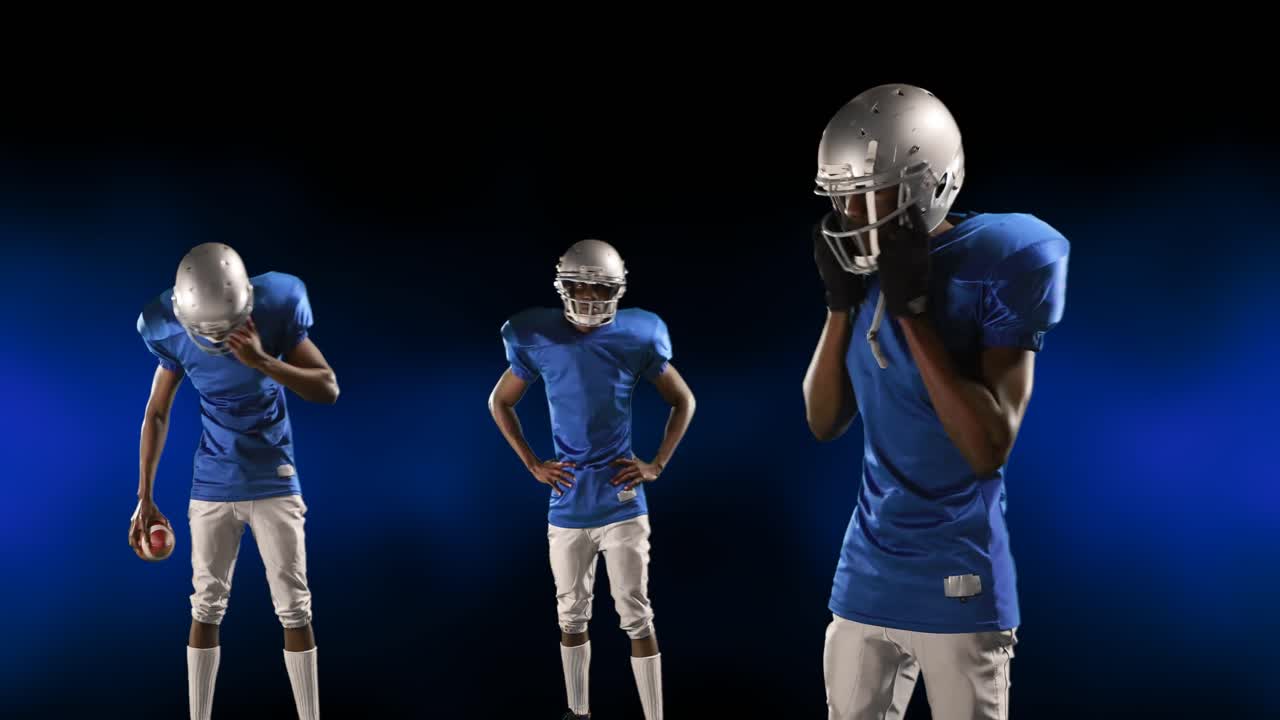 Animation of diverse american football players over black background