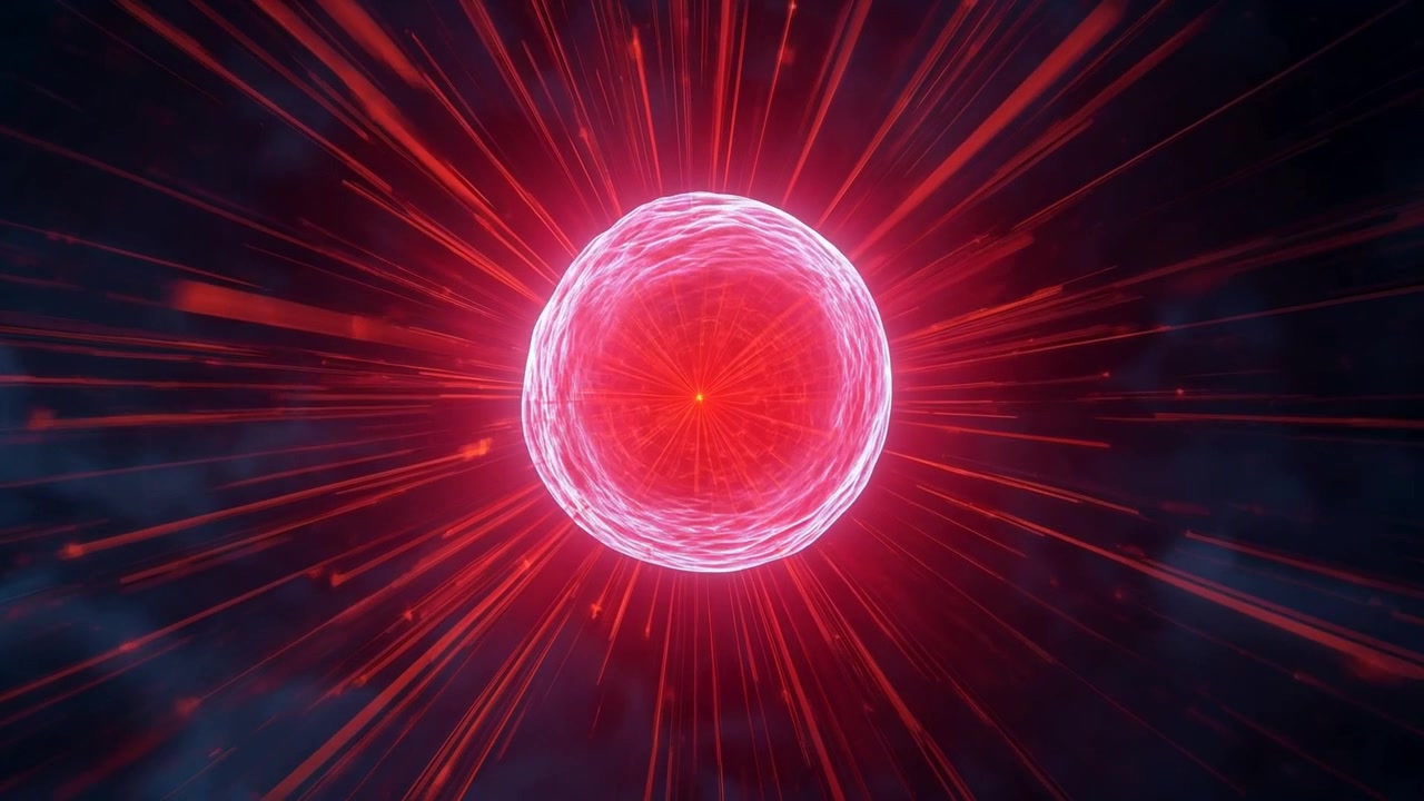 Esfera roja pulsante formando una capa de plasma, liberando energía al inicio en una nebulosa oscura, emitiendo haces.