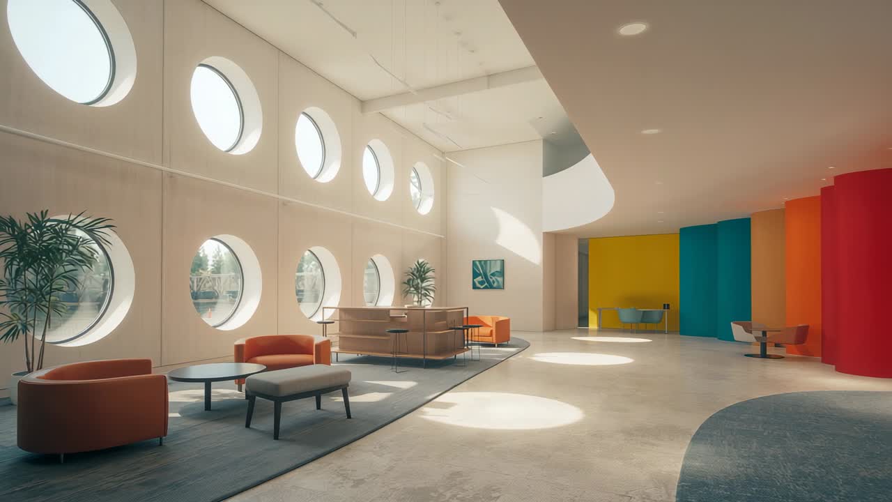 Sunlight streaming through circular windows illuminating orange armchairs at lounge and bold panels