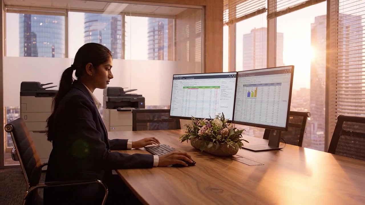 Professional woman focused on dual monitor screens in a modern office environment, analyzing data reports with a sunset view through large windows.