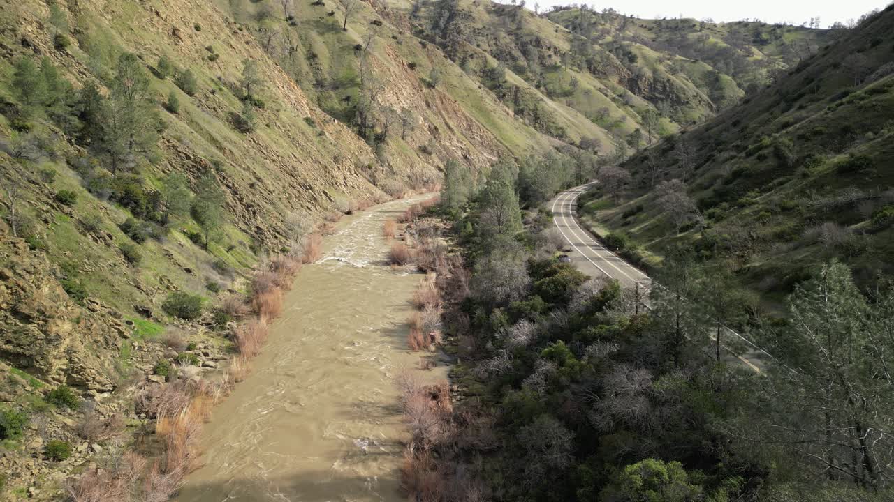 The vast landscape of Rumsey unfolds as the drone follows Cache Creek’s gentle curves and changing terrain.