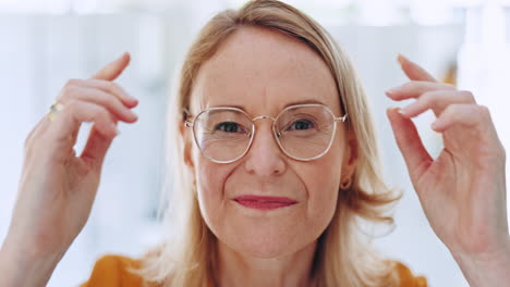 optometry, glasses and face of senior woman