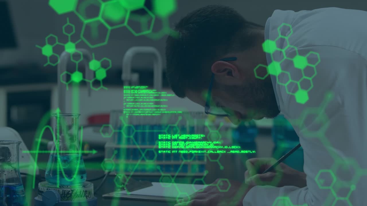 Animation of scientific data processing over male scientist writing in laboratory