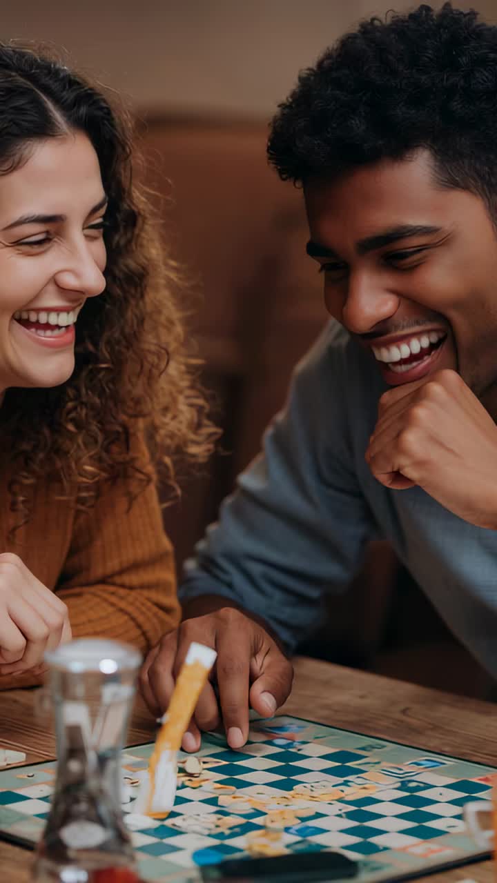 Vertical video: Smiling couple taking turn after hourglass flip, moving tiles on board at home