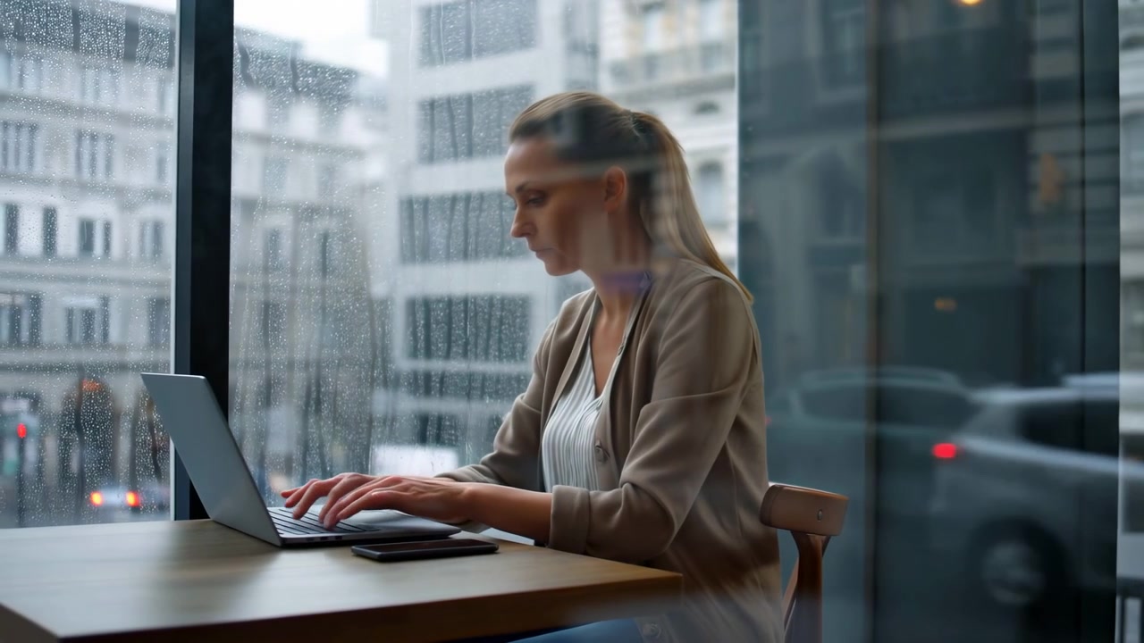 Vista laterale di una donna che digita continuamente su un laptop aperto all'interno, mentre gocce di pioggia coprono la grande finestra dietro di lei, l'architettura urbana rimane visibile e un telefono è appoggiato sul tavolo.