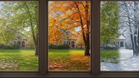 a stunning transition through the seasons: capturing the beauty of nature as seen through a window from spring to autumn to winter