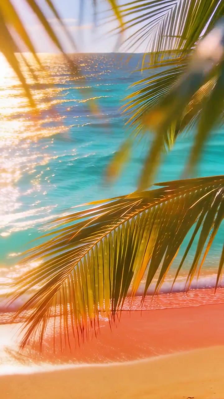 Video vertical: Frondas de palma meciéndose con la brisa en una costa tropical, con el sol brillando