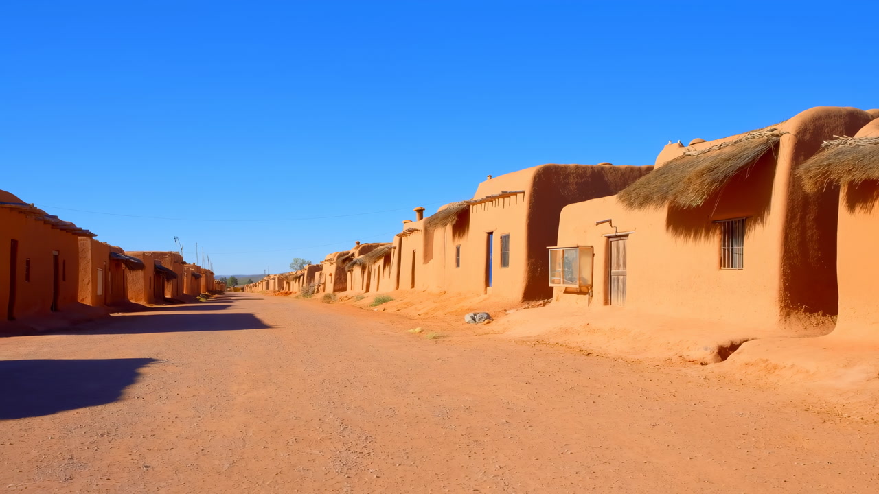 Sunlit Adobe Village Street, Clear Sky. Lined With Mud Houses And Thatch Roofs, Warm Ochre Tones, Wide Dusty