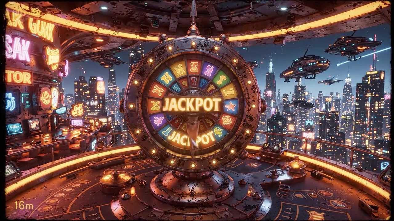Futuristic Entertainment Hub with a Large Jackpot Wheel Surrounded by Dazzling City Lights and Spaceships, Capturing the Essence of a High-Tech Gaming Experience