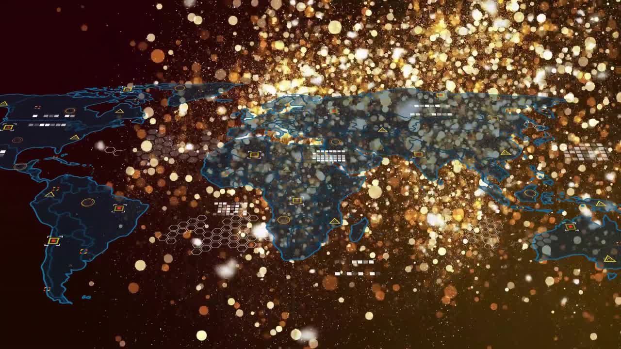 Originating at right, golden bokeh sweeping across blue global map, revealing HUD and showing data