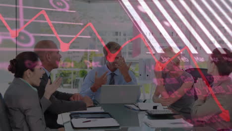 animation of financial data processing over diverse business people in office