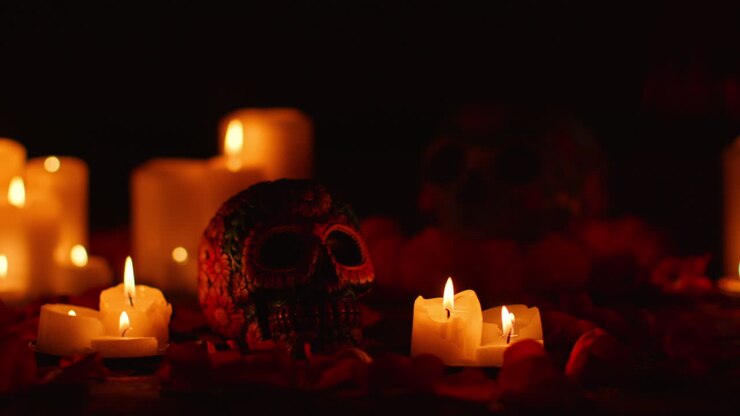 Flower Petals Falling On Still Life Of Decorated Skull Surrounded By Candles Celebrating Mexican Holiday Of Dia De Muertos Or Day Of The Dead
