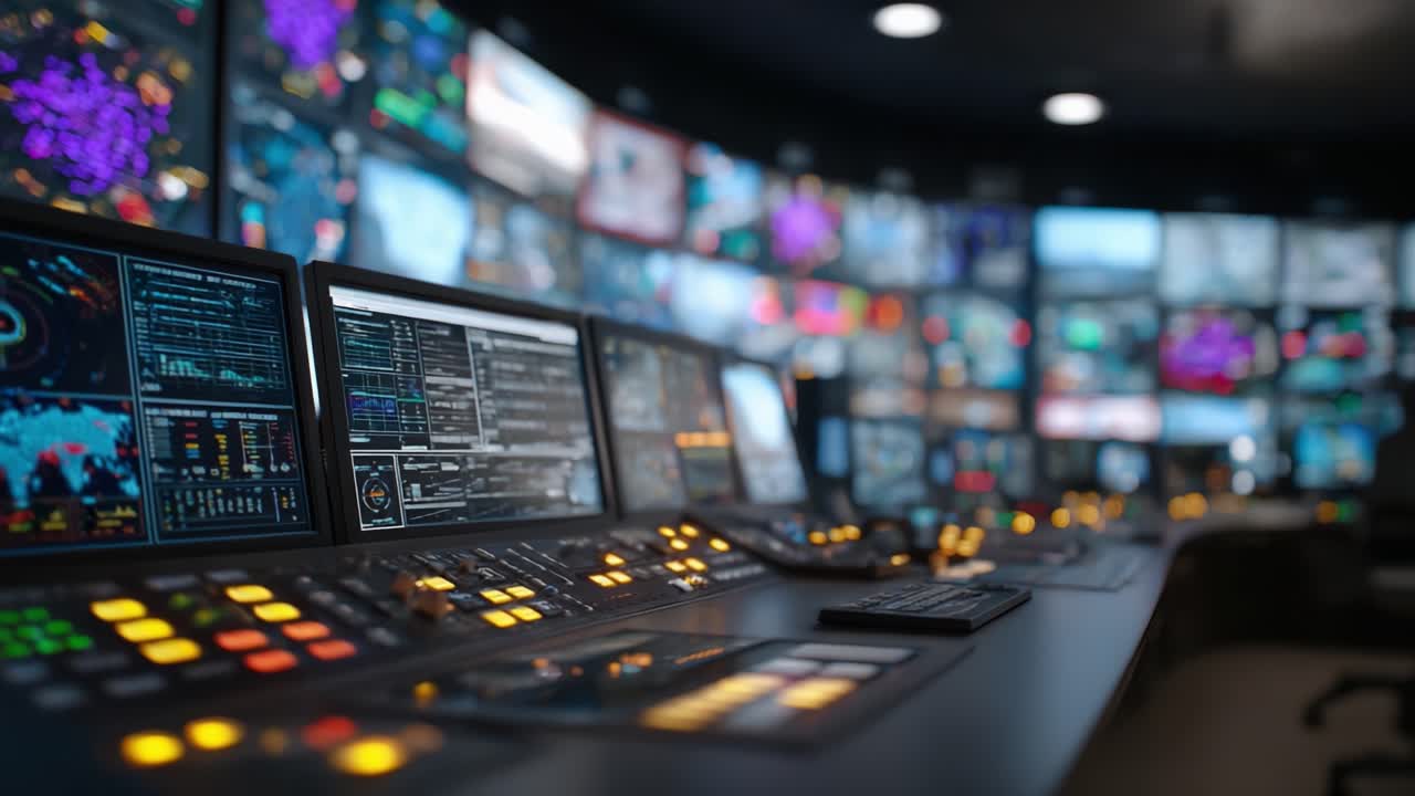 Un centro operativo ad alta tecnologia dotato di più postazioni di lavoro con display e controlli innovativi per un monitoraggio e un'analisi dei dati avanzati.