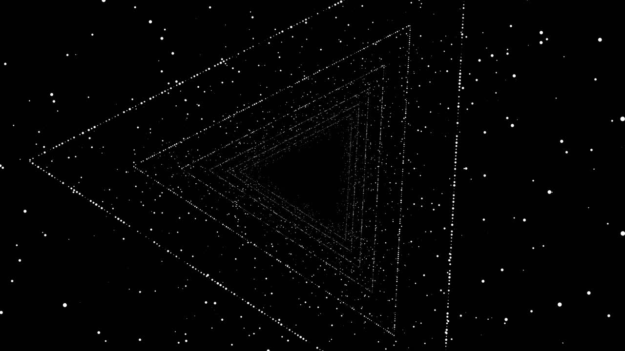 Travel through triangular tunnel with sparkly particles on black space overlay