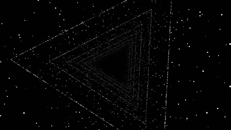 Viaggia attraverso un tunnel triangolare con particelle scintillanti su una sovrapposizione di spazio nero