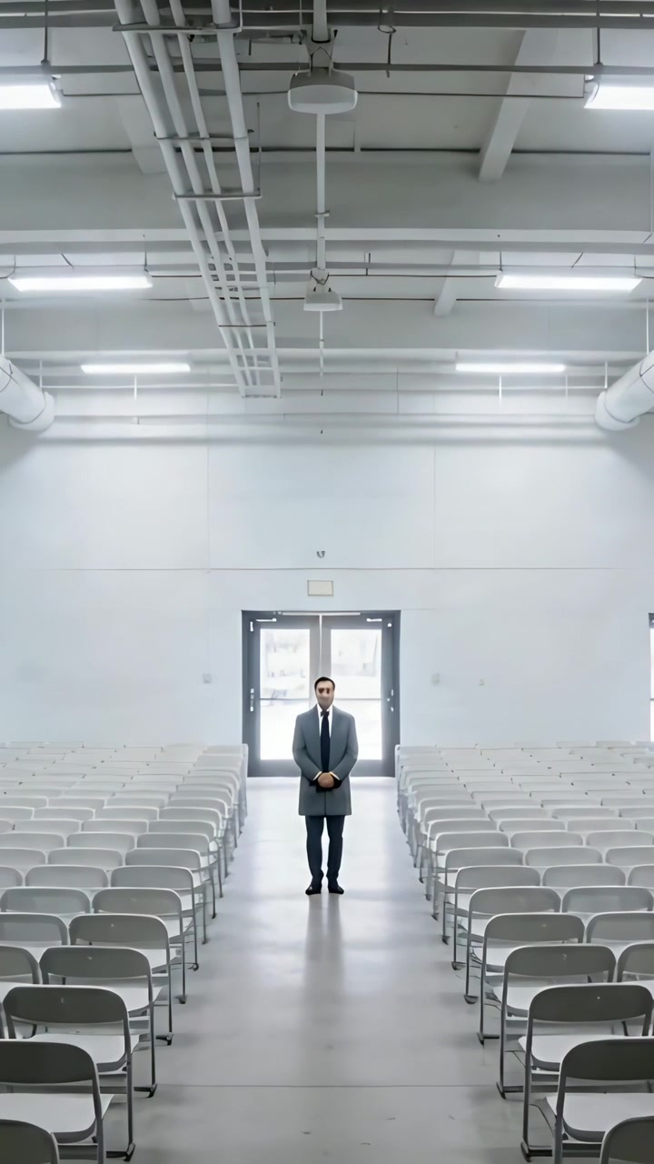 Vertical video: Standing man in suit, glasses waiting in hall by exit doors amid folding chairs