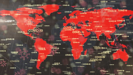 animation of falling multiple covid 19 text over world map on black background