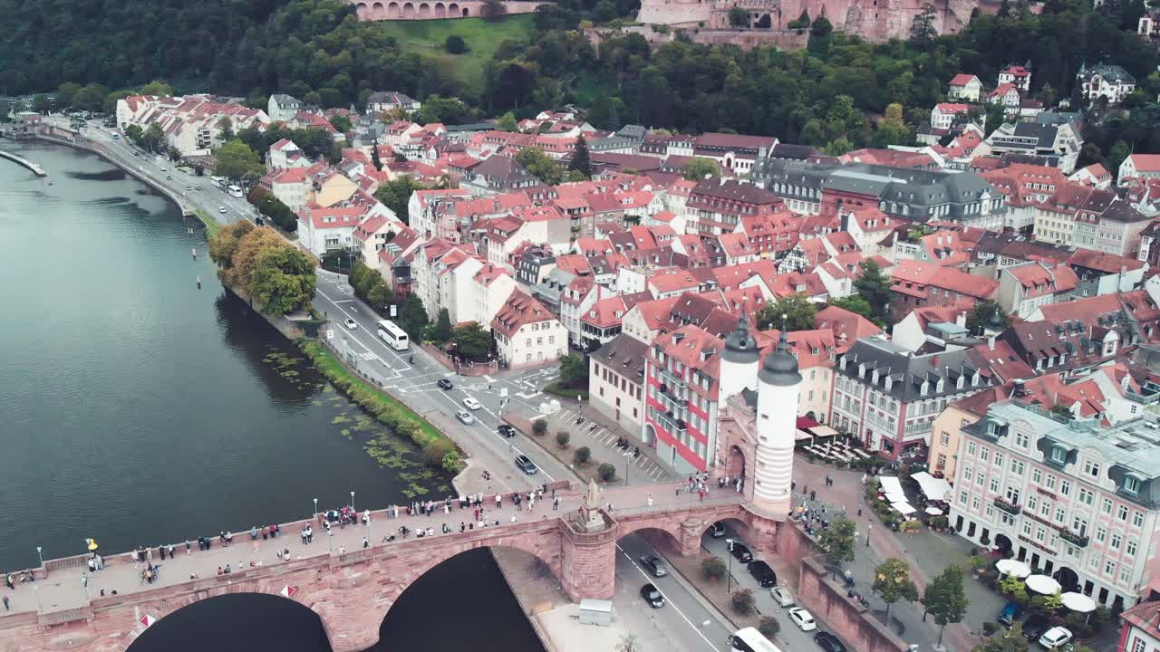 Aerial Drone Shot Of The Cityscape Of Heidelberg, The Heidelberg Castle