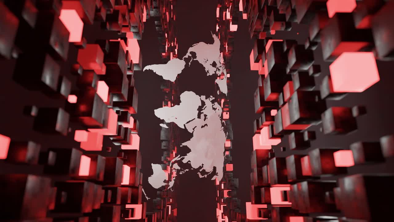 Digital world map surrounded by floating red 3D cubes in virtual space. Futuristic abstract illustration. Global data network and technology concept, poster, header. vertical