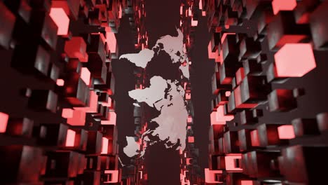 digital world map surrounded by floating red 3d cubes in virtual space. futuristic abstract illustration. global data network and technology concept, poster, header. vertical