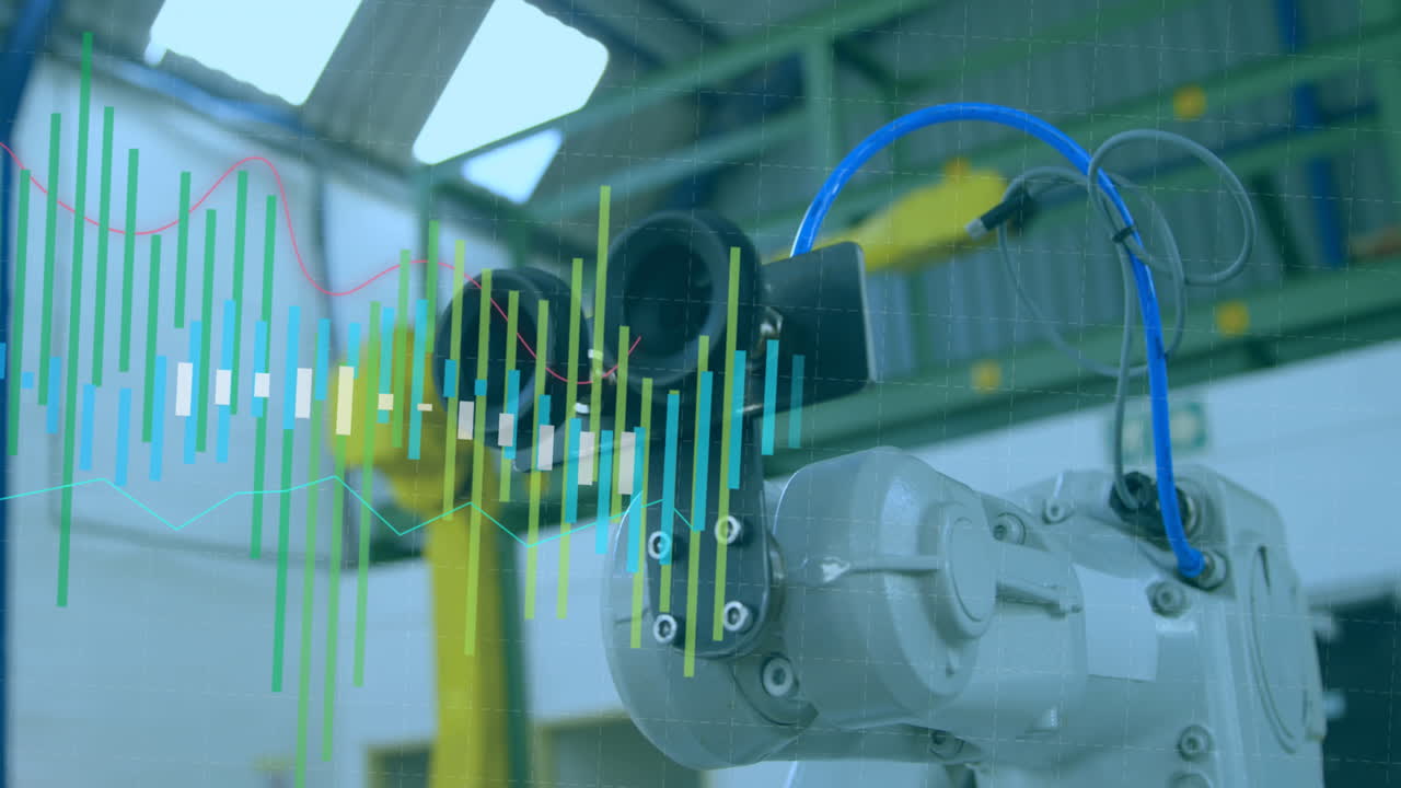 Animation of statistics processing over robots and machine in warehouse background