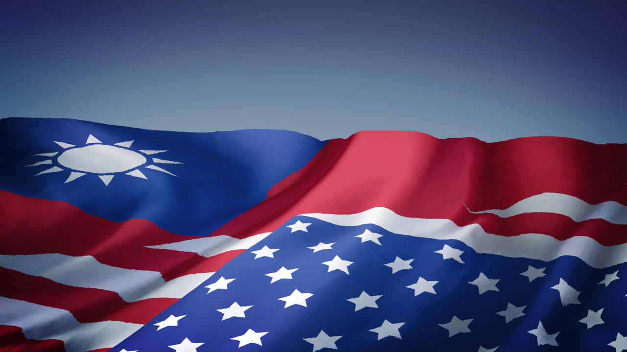 анимация размахивания объединенным флагом тайваня и соединенных штатов на синем фоне