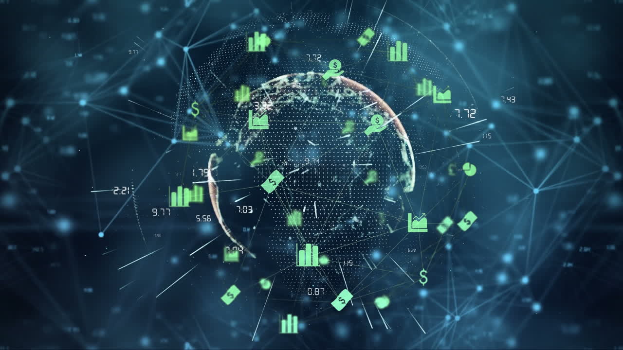 Animation of network of digital icons and light trails over spinning globe against blue background