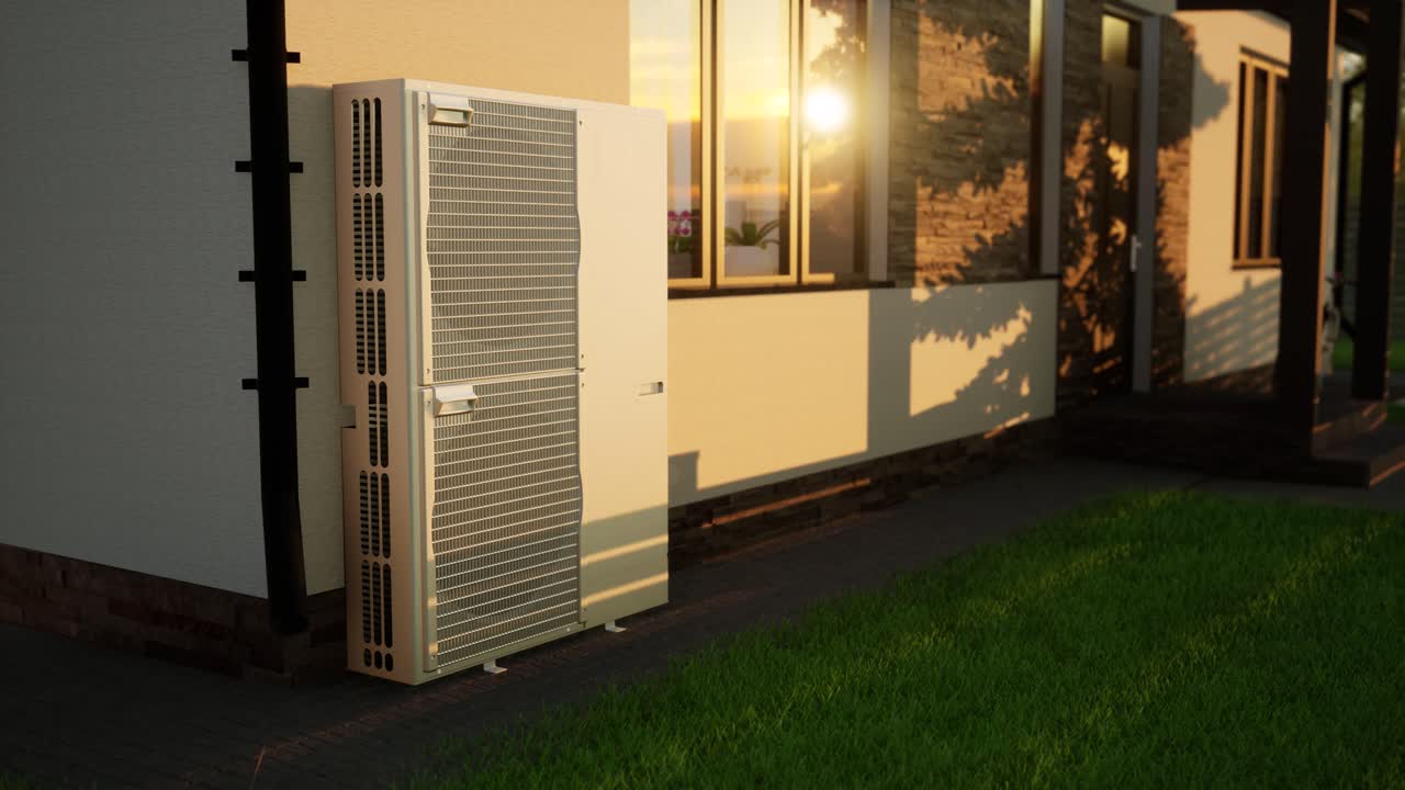 técnico de hvac instala sistemas de calefacción, ventilación y aire acondicionado. animación en 3d de la bomba de calor