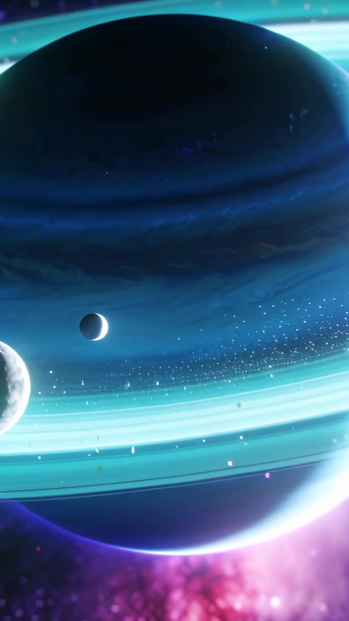 Video verticale: Telecamera che esegue panoramiche e zoom su un pianeta anellato nello spazio, con lune in movimento e scie di comete