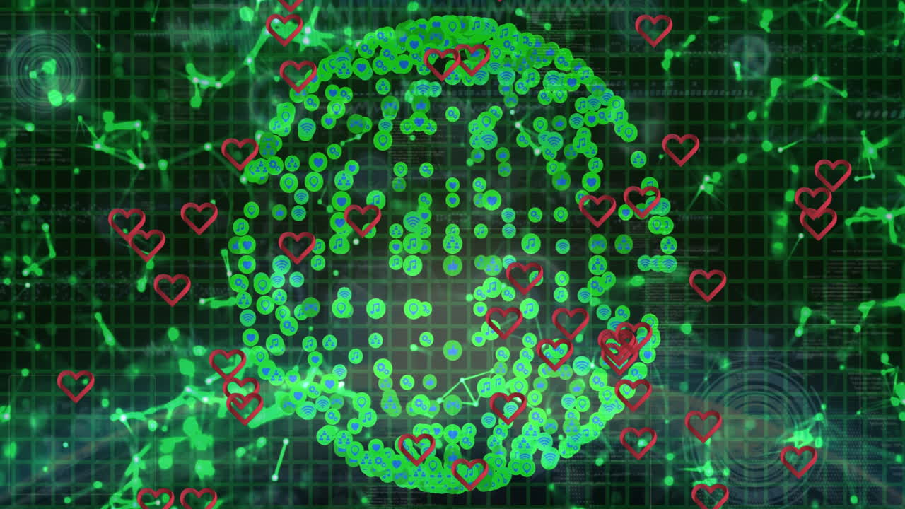 Green digital sphere with red heart icons over grid and network animation