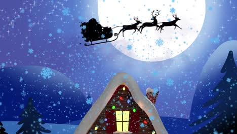 Animation-of-snow-falling-and-santa-claus-in-sleigh-with-reindeer-over-winter-landscape