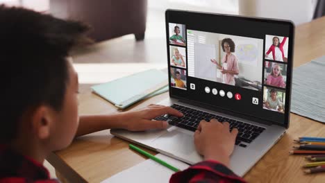 Niño-Asiático-Teniendo-Una-Videoconferencia-Con-Profesores-Y-Compañeros-De-Clase-En-Una-Computadora-Portátil-En-Casa