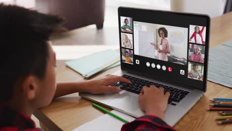 niño asiático teniendo una videoconferencia con el maestro y sus compañeros de clase en la computadora portátil en casa