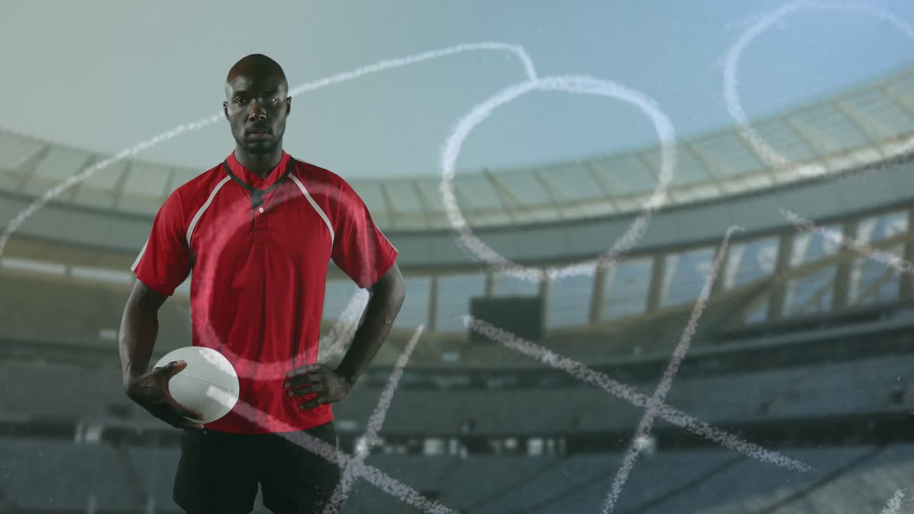 animación del plan de posición sobre un hombre afroamericano con una pelota de rugby en el estadio