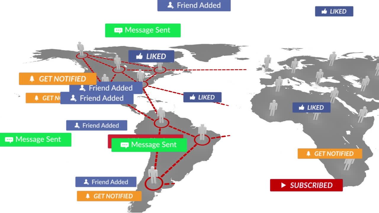 animación de textos de redes sociales sobre el mapa del mundo con iconos en fondo blanco