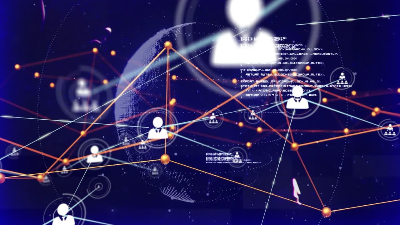 Animation of network of connections with icons over globe and data processing