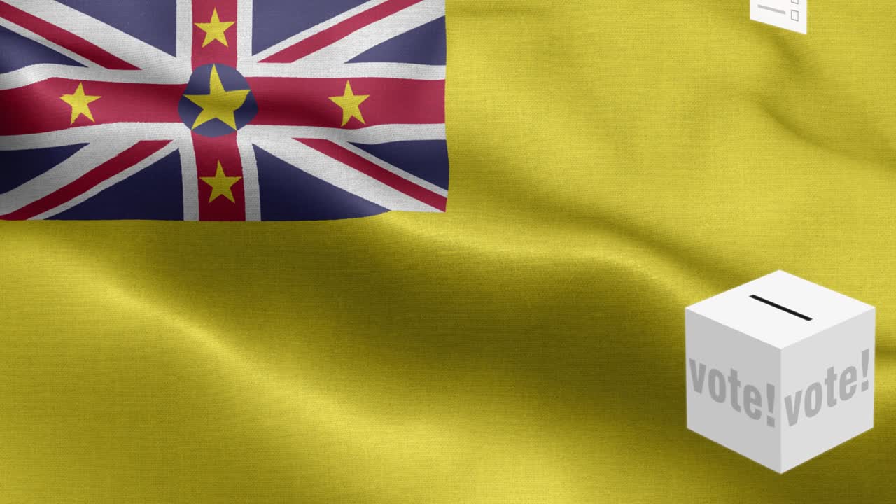 niue 선택을 위해 투표용지가 박스에 날아갑니다. - 발 앞에 투표용지가 있습니다. - 선거 - 투표 - niue의 발 - niue 발 높은 세부 사항 - 국가 발 niue 파동 패턴 루프 가능한 요소 - 직물 질감과 끝없는 루프