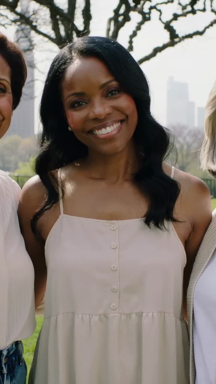 Vídeo vertical: Mulher central sorridente inclinando a cabeça, posando para a câmera em um parque da cidade, usando um vestido bege.