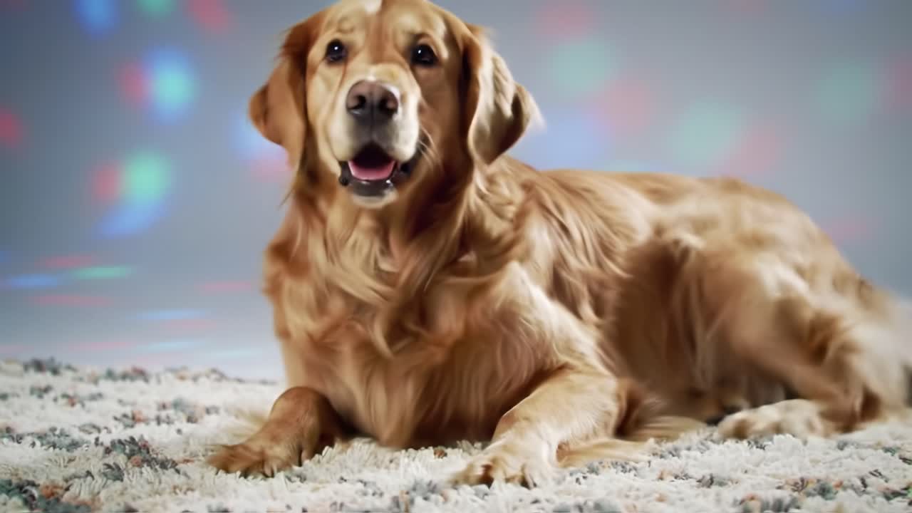 A Golden Retriever Enjoys a Colorful Light Show, Relaxing on a Cozy Carpet in a Cheerful Atmosphere, Showcasing Its Playful Nature and Loving Personality