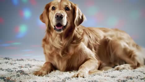 a golden retriever enjoys a colorful light show, relaxing on a cozy carpet in a cheerful atmosphere, showcasing its playful nature and loving personality