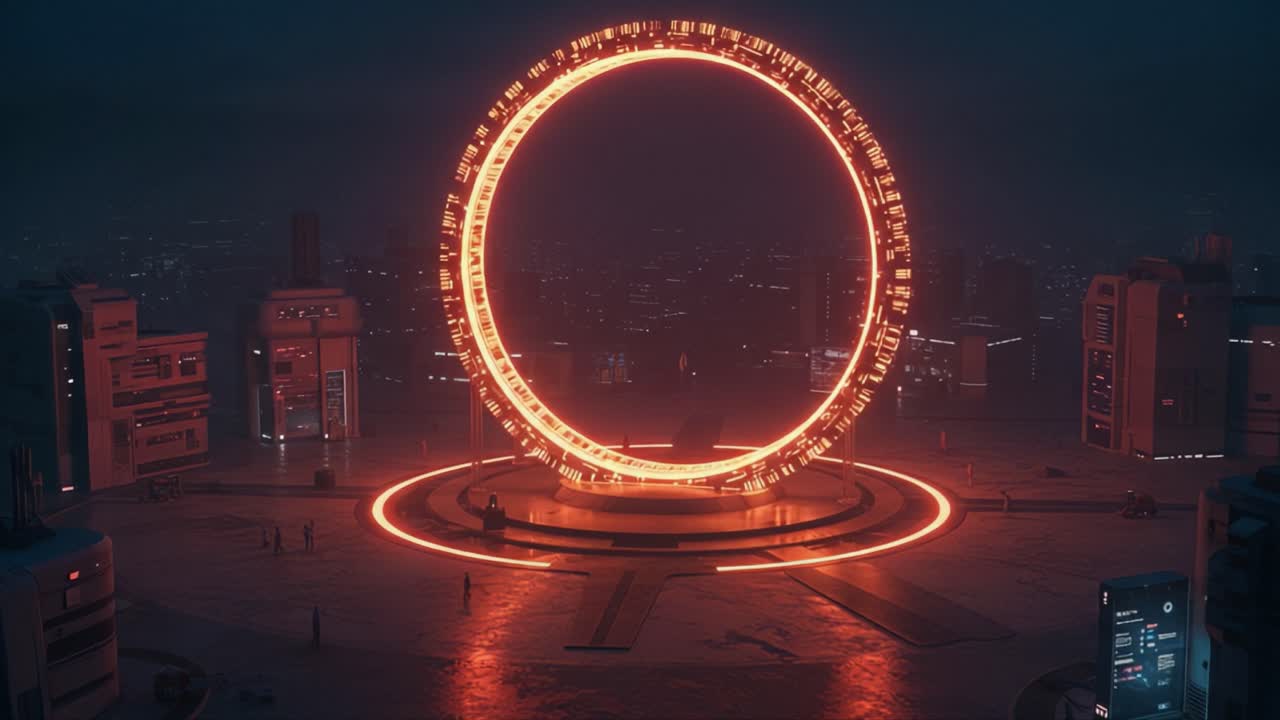 Futuristic Glowing Portal in a Cyberpunk City at Night