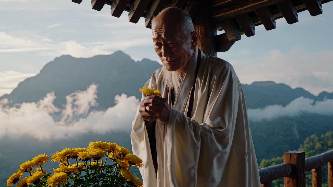 A serene video scene with an elderly man in traditional attire, viewed from a side angle