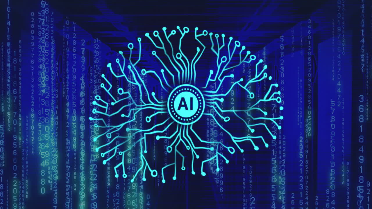 animación de escáner de ia circular y red cerebral de la placa base a través de servidores de computadoras azules