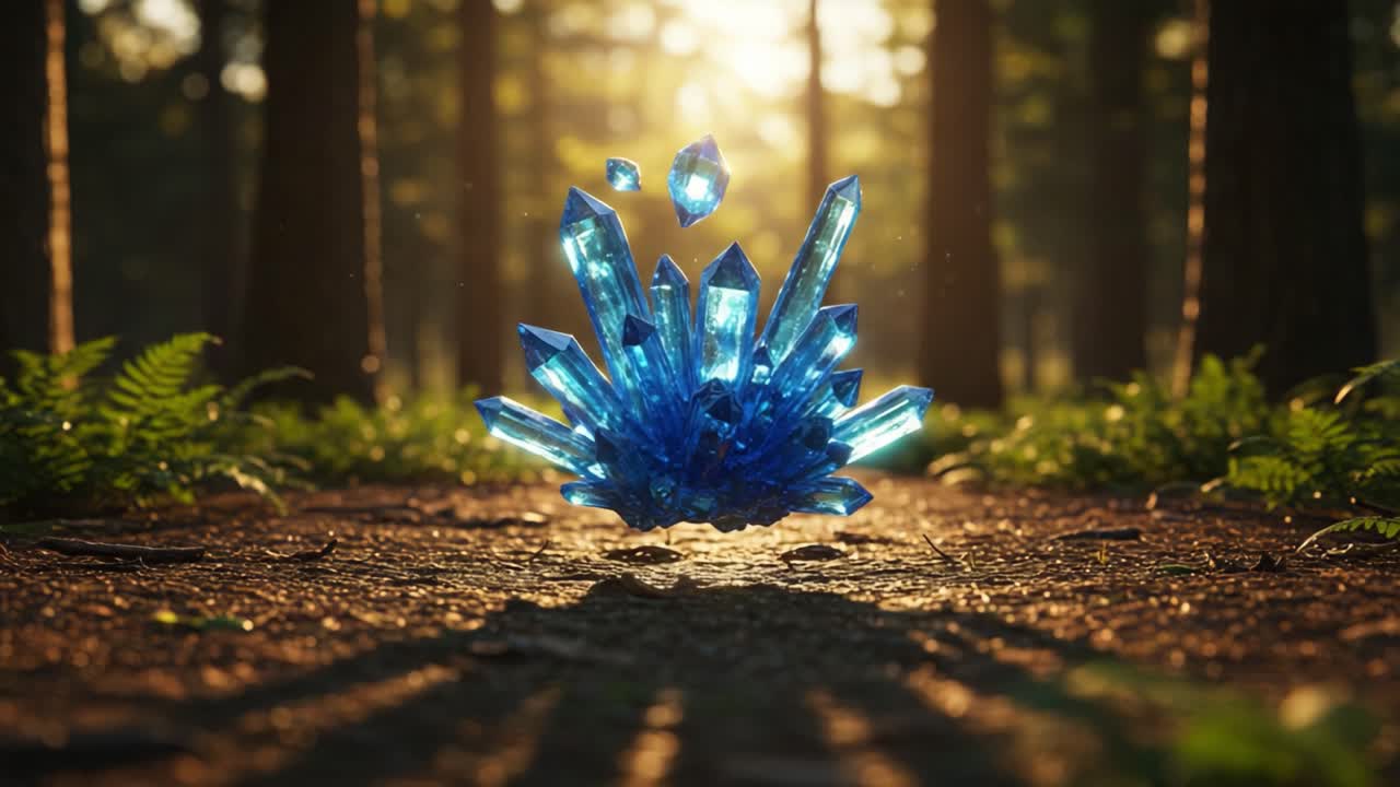 A Stunning Glimpse of Enchanted Blue Crystals Radiating in a Lush Forest, Illuminated by Sunlight and Enhanced by Nature's Splendor