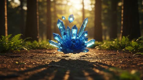 a stunning glimpse of enchanted blue crystals radiating in a lush forest, illuminated by sunlight and enhanced by nature's splendor