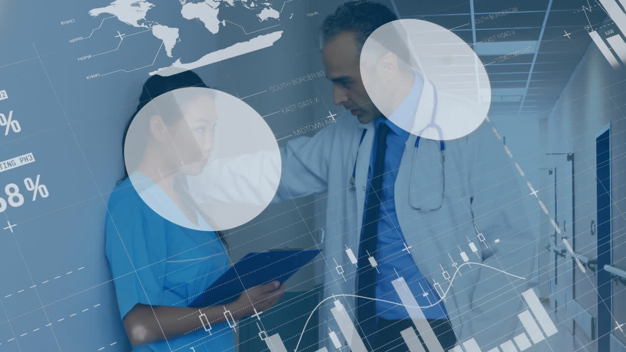 animación de gráficos financieros sobre diversos médicos femeninos y masculinos hablando